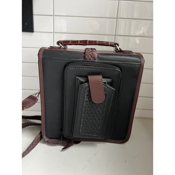 Brighton Mini Briefcase Crossbody w/ Card Slots Brown Black Silver Purse Hearts - Picture 9 of 16